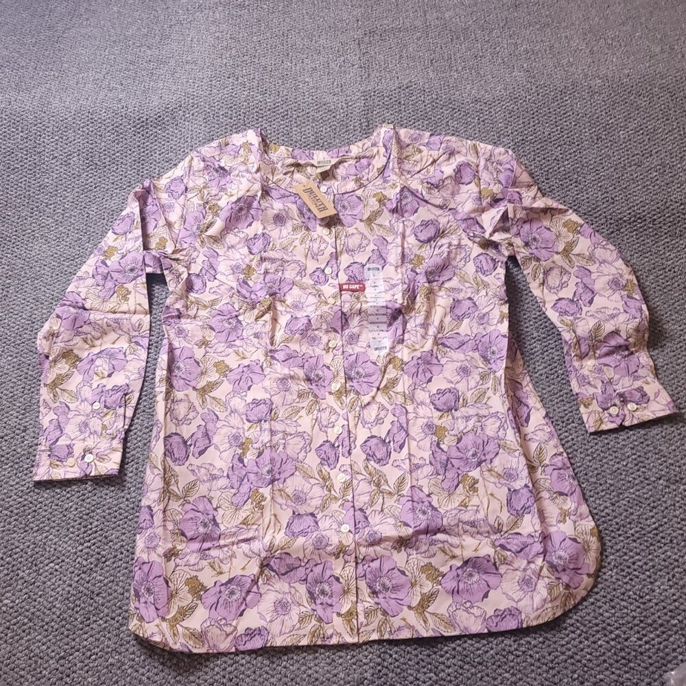 Duluth Womens Wrinkle Fighter Tunic No Gape Floral  Purple Button Shirt Pink - Picture 9 of 12